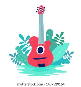 Illustration with acoustic guitar and nature. Great element for music festival or t-shirt. Vector concept.