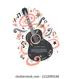 Illustration with acoustic guitar and place for your text on it. Great element for music festival or banner made in vector.