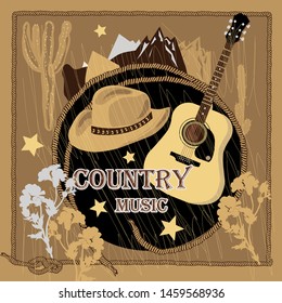 illustration with acoustic guitar and sign, an element for music festival, ti-shirt, vector concept