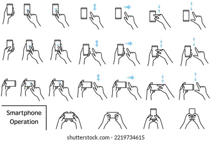 Illustration of actions to operate a smartphone (pinch, zoom, swipe, flick, tap, double-tap)