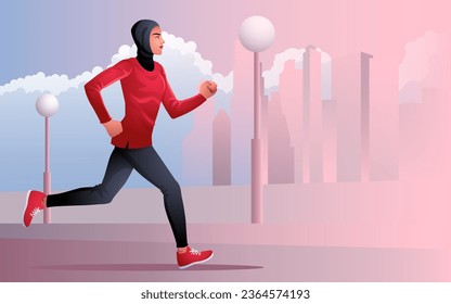 Ilustración de una mujer musulmana activa con hijab, trotando y corriendo al aire libre en el contexto de un concepto de paisaje urbano, fitness y estilo de vida saludable