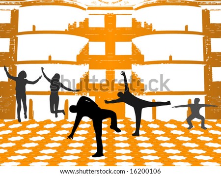 Illustration of active people and buildings