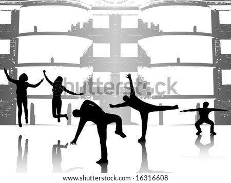 Illustration of active people and buildings