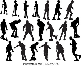 Illustration with active people silhouettes on roller skates and scooters