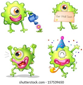 Illustration of the activities of the green one-eyed monster on a white background