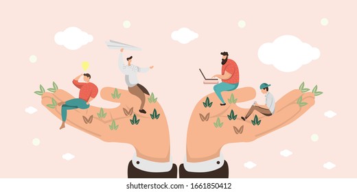 Illustration of the activities of several people who grow and develop with the times. outdoor, teamwork.