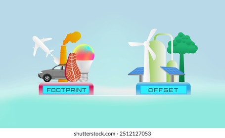 Ilustración de las actividades que producen emisiones (huella de carbono) a la izquierda, que se equilibra con compensaciones de carbono a la derecha. Adecuado para ilustraciones de emisiones netas cero y calentamiento global