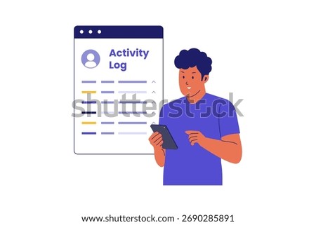 Illustration of Activity Log and User History Monitoring. Person Checking Their Account Activity and Digital Footprint on a Smartphone
