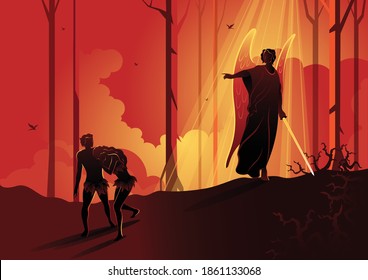 An illustration of Adam and Eve Expelled From The Garden. Biblical series