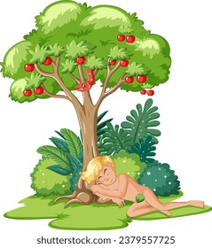 Illustration von Adam und Eva's biblischer Geschichte mit einer Schlange, einem Apfelbaum und einem schlafenden Adam