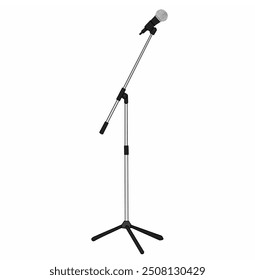 Ilustración de un soporte de micrófono ajustable con un brazo de brazo, perfecto para actuaciones escénicas, eventos en vivo o grabaciones de estudio. Ideal para músicos, cantantes y oradores públicos.