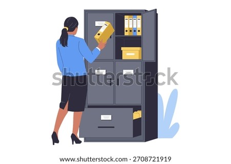 Illustration of Administrative Staff Filing and Document Organization. A Woman Storing Paperwork in an Office Cabinet for Record Keeping