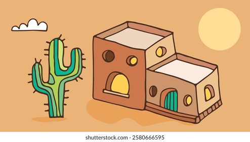 Illustration of an Adobe-style house in the desert, traditional construction with a large green cactus in the garden, sketch-style vector for cheerful, colorful cartoon.