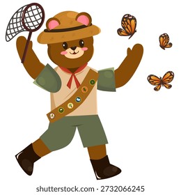 Ilustración de un adorable oso jugando con su red para atrapar mariposas voladoras