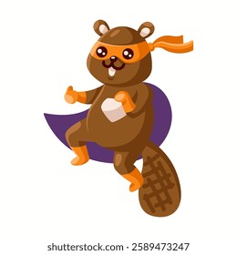 Illustration of an adorable beaver sporting a superhero costume complete with an orange mask and cape. The cheerful character radiates heroism and adventure.