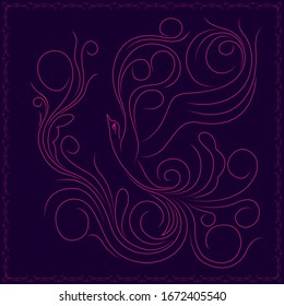 Illustration of adorable bird whose wings and tail are made as long wavy lines in bright pink color on the dark violet background, framed by a frame 