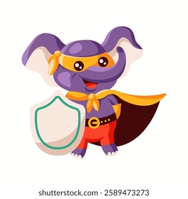 Illustration of an adorable cartoon elephant dressed as a superhero, complete with a cape and shield. The character is whimsical and colorful with big expressive eyes.