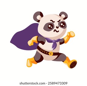 Illustration of adorable chibi panda wearing a superhero costume with purple cape and yellow gloves running energetically on white background.