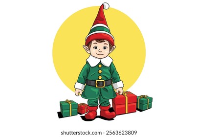 illustration of an adorable Christmas elf wearing a festive green coat with white fur trim, complemented by a black belt and bright red boots and beside him are Christmas presents.