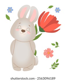 Illustration of adorable cute gray rabbit hiding a flower behind his back. Vector illustration for poster, greeting card or invitation, labels or tags