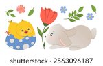 Illustration of adorable cute lying gray bunny playing with chick lying on spotted egg. Vector illustration for poster, greeting card or invitation, labels or tags