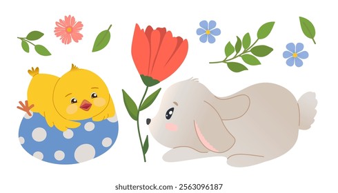 Illustration of adorable cute lying gray bunny playing with chick lying on spotted egg. Vector illustration for poster, greeting card or invitation, labels or tags