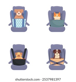 Ilustración de perros adorables y un gato sentado de forma segura en Vacantes de coche para niños, que representan la seguridad de las mascotas