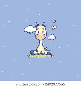 Illustration of adorable little giraffe among clouds. Vector