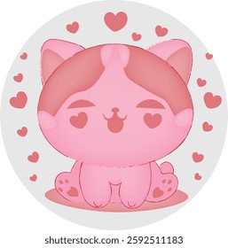 An illustration of an adorable pink cat with heart shaped eyes, radiating joy and affection.