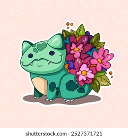 An illustration of adorable Pokemon-like creature, adorned with flowers on its back, set against a peach-colored patterned background