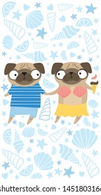 Illustration with adorable pug couple on vacation. Vector cartoon pugs in swimsuit with shells and blue t-shirt. Adorable big eyes dogs in summer clothes with blue doodles around. Pug with ice cream