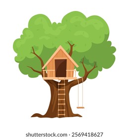 Illustration of an adorable tree house perched on a lush green tree, featuring a ladder for access and a swing for fun. Perfect for outdoor adventures and imaginative play.