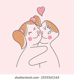 Illustration of adorable young couple hugging each other tenderly in childish cartoon style