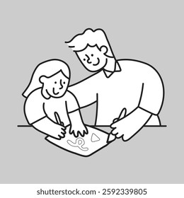 Illustration of an adult helping a child with drawing. Both are smiling, focused on the artwork. Simple, black and white line art on a gray background. Vector illustration.