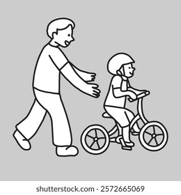 Illustration of an adult helping a child ride a bike. The adult supports the child on the bike. Child on bike with helmet. Simple black and white drawing. Family doodle illustration vector.