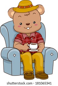 Illustration of an Adult Male Bear Having Coffee