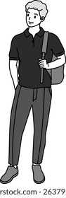 illustration, Adult male in casual look, drawing in monotone cartoon, minimal style, black mark drawing