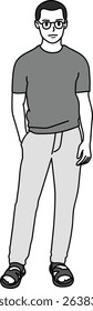 illustration, Adult male in casual look, drawing in monotone cartoon, minimal style, black mark drawing