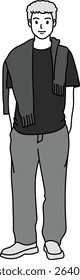 illustration, Adult male in casual look, drawing in monotone cartoon, minimal style, black mark drawing