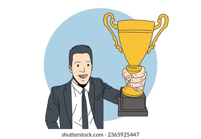 illustration of an adult male holding a cup in yellow. The person's hand is holding a golden cup. vector trophy.