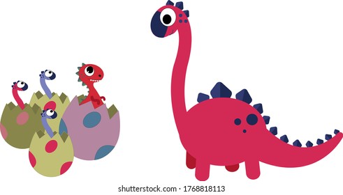 an illustration of a adult pink dinosaur with four babies. Dinosaur egg. Adoption.