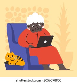 Illustration of an advanced old African American woman uses a laptop. Ginger cat near the legs. For web design, poster, banner.
