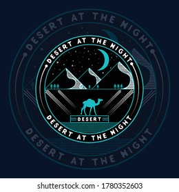 illustration of adventure logo in the desert with camel symbol in the middle made with lines and blue background color