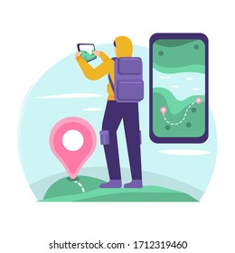 illustration of an adventurer using a smartphone to see a location or map. the concept of a mobile map application or location tracking application. flat design. can be used for elements, landing page