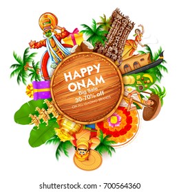 illustration of advertisement and promotion background for Happy Onam festival of South India Kerala