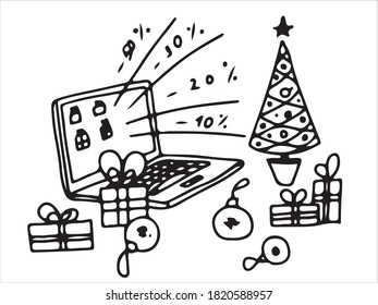 Illustration for advertising online store discounts.  Laptop.  There are gifts, balls and an elegant tree in a pot around.  Vector.  Doodle style.