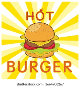 Illustration advertising sales of hamburger with potatoes, tomato, lettuce, meat and cheese.  