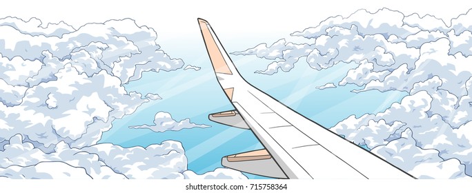 Illustration of aerial airplane view with wing and clouds in color