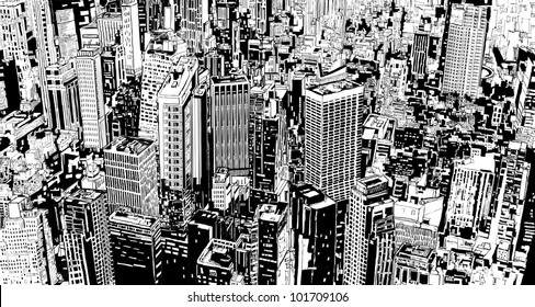 illustration of an aerial view of a fictional modern city with skyscrapers and street.