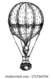 Illustration of aerostat in vintage engraved style. Hot air balloon. Ink sketch of aerostat isolated on white background. Hand drawn vector illustration. Retro style.